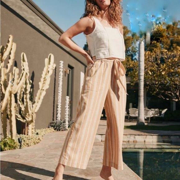 Marine Layer L Franki Wide Leg Pant Belted Gold Stripe Hemp Lyocell Blend - Picture 1 of 11